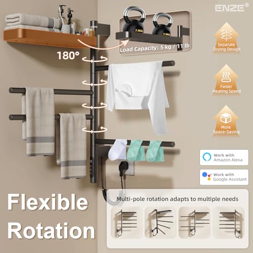 ENZE Smart Rotating Heated Towel Rack, 4-Bar, Gray | Wall-Mounted Electric Towel Warmer Rack, Swivel Shelf, Wi-Fi App Control, 24H Timer, Stainless Steel - color: Gray 17.72"x26.77"