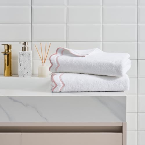 Peri Home 2 Piece Cotton Bath Towel Set, Embroidered, White, Blush Scallop - color: White With Blush Scallop, size: 2 Bath Towel