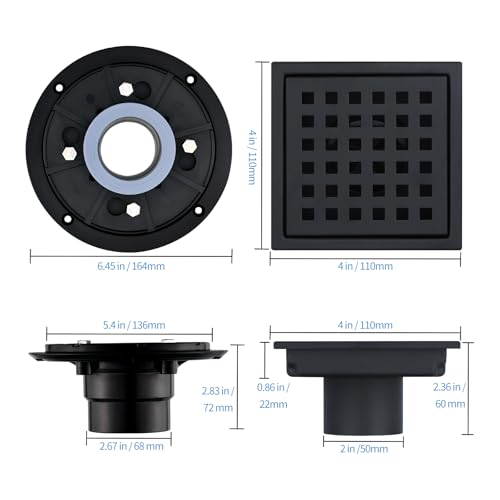 Square Shower Drain 4-Inch with ABS Flange, Matte Black, Removable Grille,Bathroom Stainless Steel Shower Floor Drain - color: 4-inch Matte Black