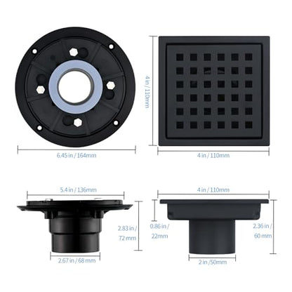 Square Shower Drain 4-Inch with ABS Flange, Matte Black, Removable Grille,Bathroom Stainless Steel Shower Floor Drain - color: 4-inch Matte Black