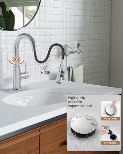 Bathroom Faucets with Pull Down Sprayer, Bar Sink Faucet Single Hole for Kitchen Campers with Pop-Up Drain Hose, Suitable for Farmhouse Vanity Lavatory - color: Brushed Nickel, style: Pull Down