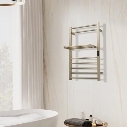 Heated Towel Warmer Rack Electric Bathroom with Voice Control Alexa & Google Home,TUYA Wall-Mounted,Stainless Steel,31.5x19.69x11.61in,Foldable Storage,Plug-in,Brushed Brass,10 Bars - color: Brushed Brass With Wifi & Shelf