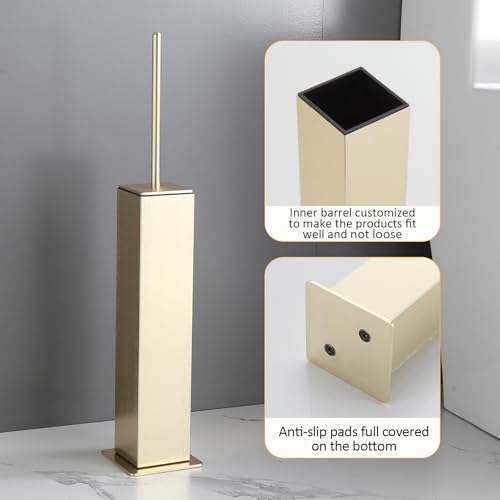 Toilet Brush and Holder Floor Standing, Brushed Gold with 2 Replaceable Heads, Bathroom Toilet Brush, Freestanding Toilet Bowl Brush with Removable Liner and Splash Guard - color: Brushed Gold-standing