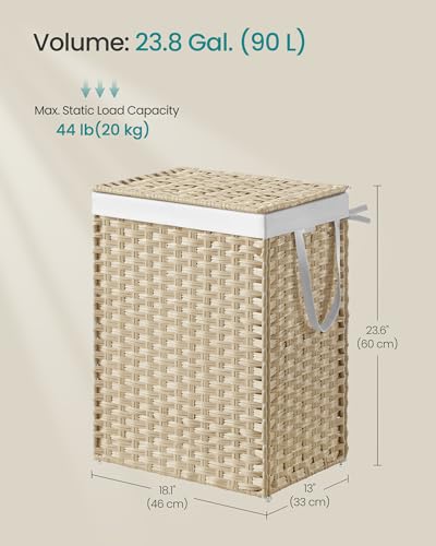 SONGMICS Laundry Hamper with Lid, 23.8 Gallon (90L) Synthetic Rattan Clothes Laundry Basket with Lid and Handles, Foldable, Removable Liner, Summer Sand ULCB051LZ01 - color: Summer Sand, size: 90 L