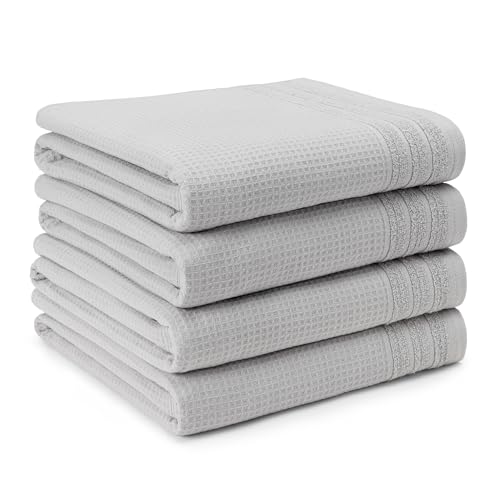 TOWN & COUNTRY BASICS 4-Piece Waffle Woven Terry Stripe Bath Towel Set, 30x56-Inch, 100% Cotton, Quick Dry, Gray - color: Light Grey