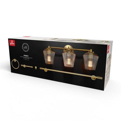 GLOBE Electric 63000063 5-Piece All-in-One Bathroom Set, Matte Brass Finish, 3-Light Vanity Light, Glass Shades, Towel Bar, Toilet Paper Holder, Towel Ring, Robe Hook, Bathroom Lights Over Mirror - color: Brass