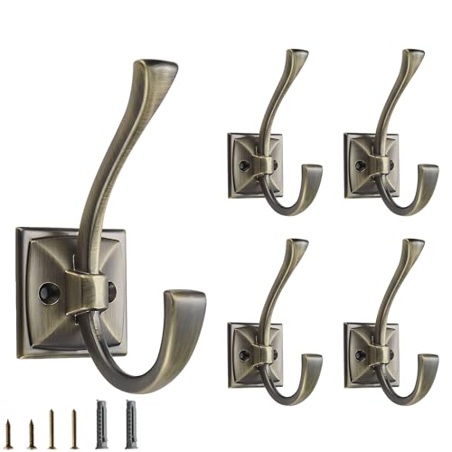 5 Pack Decorative Heavy Duty Towel Hooks for Hanging Robe Double Brushed Antique Brass Coat Hooks Wall Mounted with Screws for Key, Towel, Bags, Cup, Hat - color: Brushed Antique Brass