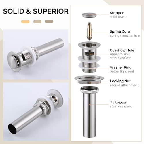 Angle Simple Pop Up Sink Drain Stopper with Overflow, Brushed Nickel | Brass Drain Stopper Assembly, Fits Lavatory & Vanity Sink with 1.61 to 2 Inches Drain Hole - color: Brushed Nickel