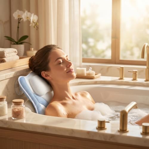 Bath Bathtub Pillow Spa Pillows for Tub 5D Mesh Suction Cups Head Neck Back Support Relaxing Bathing Lovers Gifts.(Blue White)