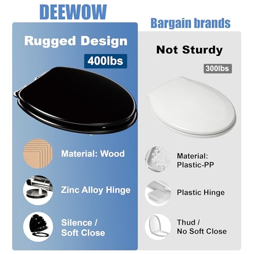 Elongated Slow Close Toilet Seat, Black Wood Toilet Seat Support 400 lbs, Heavy Duty Oval Wood Toilet Lid with Soft Close Chrome Hinges, Grip-Tight Bumpers - Easy to Clean, Quick Assembly - color: Black, size: Elongated Slow Close