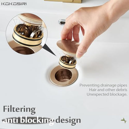 KOKOSIRI Pop Up Sink Drain with Strainer Basket, Bathroom Sink Drain with Detachable Hair Catcher Anti Clogging for Vanity Vessel Sink Without Overflow, Champagne Bronze C1002CPG - color: Champagne Bronze