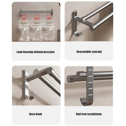 Double Towel Bar with Hooks, Sticky Towel Holder, Bathroom Towel Bar, Rustproof Towel Holder, Sturdy Towel Bar Wall Mounted for Bathroom, Kitchen (40cm) - size: 40cm