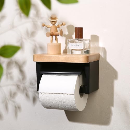 Solid Wood Toilet Paper Holder, Rustic Wood Modern Toilet Paper Dispenser, Modern Black Toilet Paper Holder Wall Mounted with Phone Shelf - color: Wood White&black, size: Single