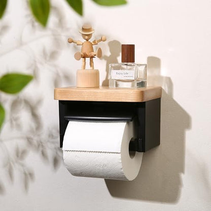 Solid Wood Toilet Paper Holder, Rustic Wood Modern Toilet Paper Dispenser, Modern Black Toilet Paper Holder Wall Mounted with Phone Shelf - color: Wood White&black, size: Single