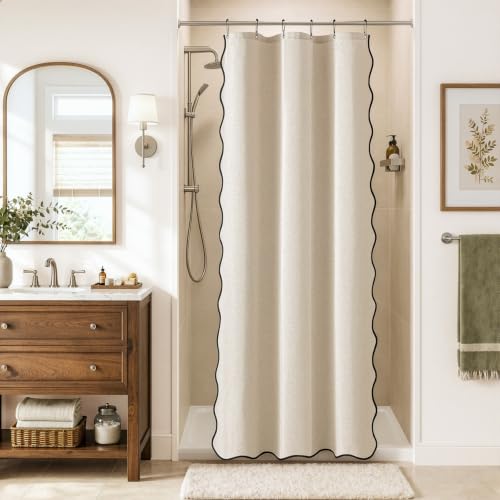 MIULEE Cream Beige Small Stall Scalloped Linen Shower Curtain 36x72 Inches | Linen Textured, Waterproof, Washable, 6 Metal Hooks, Narrow Heavy Duty Cloth, Black Border, Shower Curtain for Bathroom Hotel - color: Cream, size: 36"W x 72"L (Pack of 1)