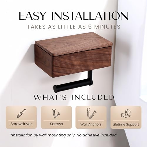 Day Moon™ - Toilet Paper Holder with Shelf - Modern Roll Holder for Bathroom - 1 Pack - Wall Mount - with Storage, Wood - color: Dark Wood