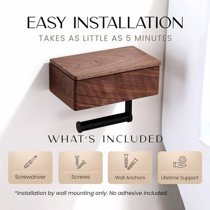 Day Moon™ - Toilet Paper Holder with Shelf - Modern Roll Holder for Bathroom - 1 Pack - Wall Mount - with Storage, Wood - color: Dark Wood