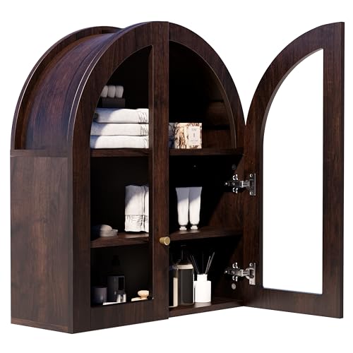 Arched Wall Cabinet, Dark Walnut Wood Bathroom Cabinet, Wall Mounted Medicine Cabinet with Tempered Glass Door & Adjustable Shelf, Modern Floating Storage Organizer for Home - color: Dark Walnut