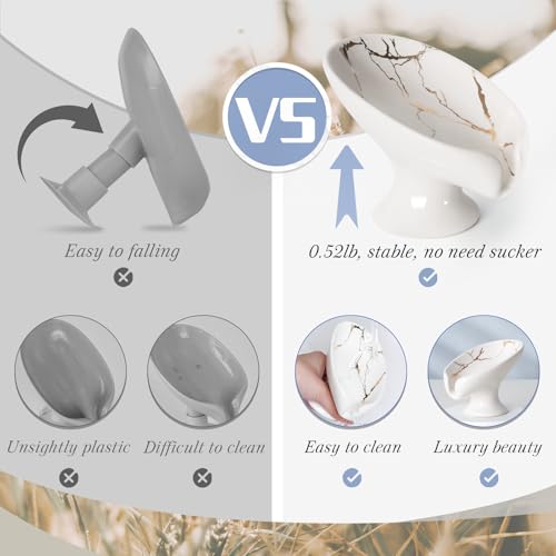Soap Dish, Soap Holder Self Draining Leaf Shape Soap Dishes, Ceramic Drain Soap Dish for Sink Bathroom Shower Kitchen, Easy to Clean Keeps Soap Dry, Cream White & Gold Marble Pattern, ANTIS'S HOME - color: 1pcs-marble White