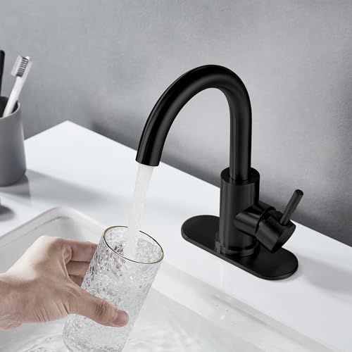 Matte Black Bathroom Sink Faucet Single Hole, Modern Single Handle Bathroom Faucet Commercial Stainless Steel Bar Faucet Laundry Sink Faucet with Drain - color: Matte Black, size: With drain