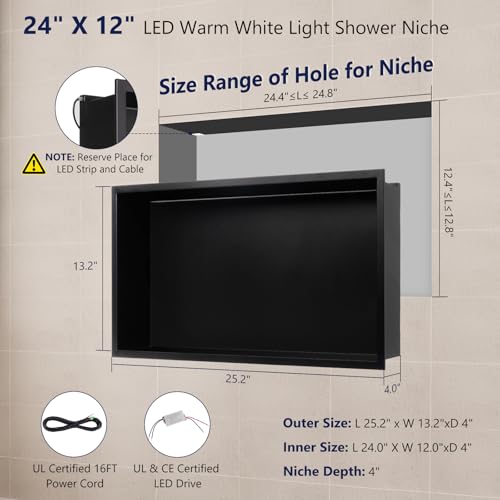 LED Shower Niche 24 X 12 Shower Niche No Tile Needed | 304 Stainless Steel Shower Niche with 3000K Warm Light, IP65 Waterproof Bathroom Niche for Shower, Remote Control, Seamless - color: Matte Black-warm White, size: 24" X 12"