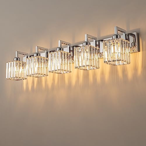 Modern Bathroom Vanity Light 5-Lights Chrome Crystal Wall Lamp Bathroom Modern Crystal Vanity Lighting - color: Chrome Crooked, size: 5-light