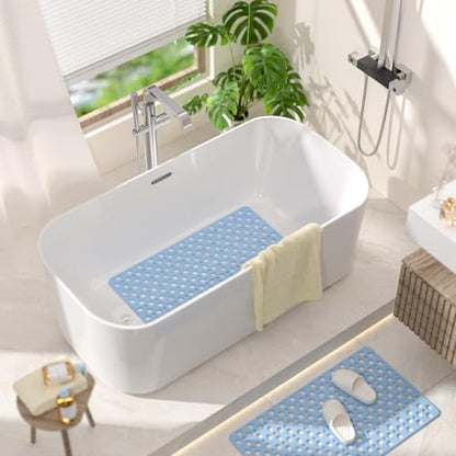 HITSLAM Bathtub Mat Non Slip, 30 x 17 Inch TPE Bath Mat for Tub, Efficient Drainage Bathroom Shower Mat with Suction Cups, Bath Tub Mat, Soft on Feet and Easy to Clean, Blue - color: Blue, size: 30" x 17" (Rectangular)