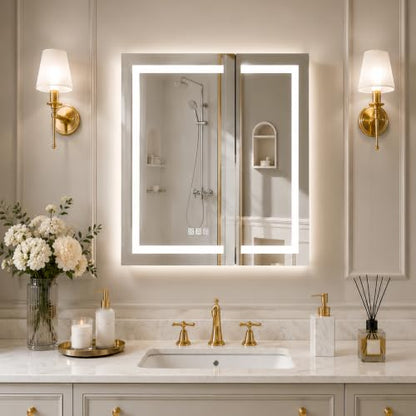Luxury 30" Wall-Mounted LED Bathroom Medicine Cabinet, Outlets, Anti-Fog | Surface-Mount/Recessed, Double-Sided Mirror Cabinet, 3 Color Temp, DTC Silent-Close Hinges, Adjustable Tempered Glass Shelfs - size: 30"W x 36"H