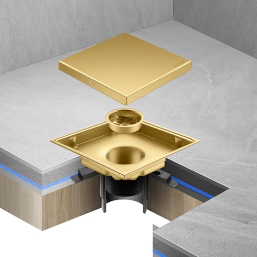Hidden Brushed Square Shower Floor Drain, Gold 6 inch, 304 Stainless Steel, with Flange, Detachable Cover Embedded in Ceramic Tiles - color: Hidden Gold, size: 6 inch