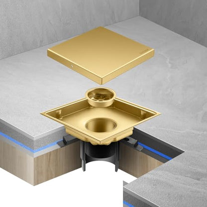 Hidden Brushed Square Shower Floor Drain, Gold 6 inch, 304 Stainless Steel, with Flange, Detachable Cover Embedded in Ceramic Tiles - color: Hidden Gold, size: 6 inch