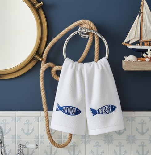 Serafina Home Summer Soft Absorbent Bathroom Coastal Guest Embroidered Fingertip Towels: Sealife Blue Fish Design, 2 Piece 12" x 18" Inches - color: Blue Fish