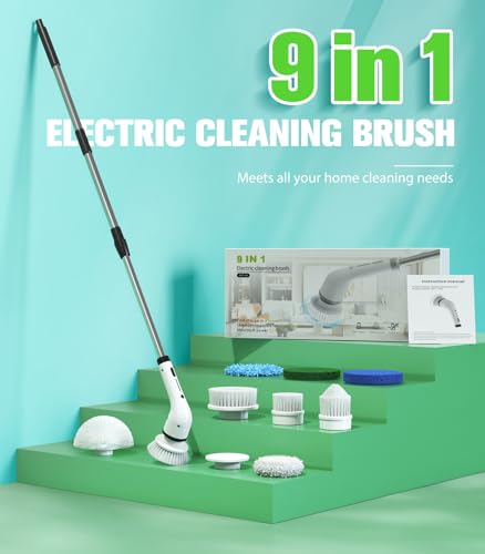Electric Spin Scrubber, 3-Speed Flat End Brush with 8 Brush Heads & Base, Adjustable Long Handle, Digital Display, 2500mAh Fast Charging, for Bathroom, Tub, Tile, Floor（White - color: White