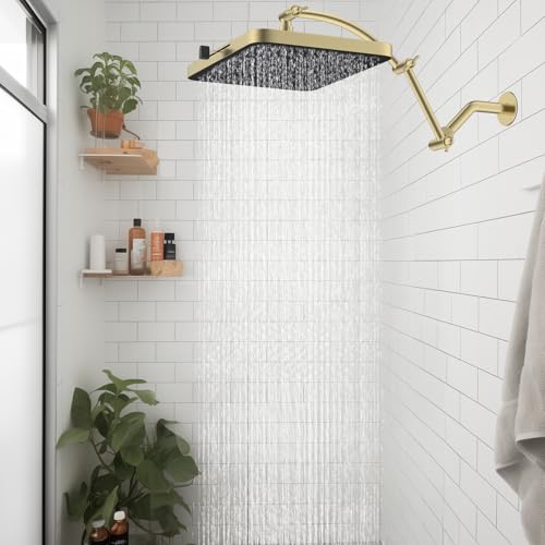 Hibbent Rain Shower Head, 13'' High Pressure Rainfall Square 5 Spray Mode Showerhead with 16" Shower Head Extension Arm, Solid Brass Adjustable Shower Arm Extender, Brushed Gold - color: Brushed Gold, style: Square 13'' with Arm
