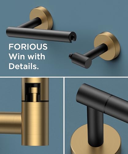 FORIOUS Commercial Toilet Paper Holder Wall Mount Bathroom Tissue Holder | Black & Gold | SUS304 Stainless Steel Rustproof | Double Post Pivoting Toilet Paper Roll Holder | Screw-In | Round Base - color: Matte Black & Brushed Gold