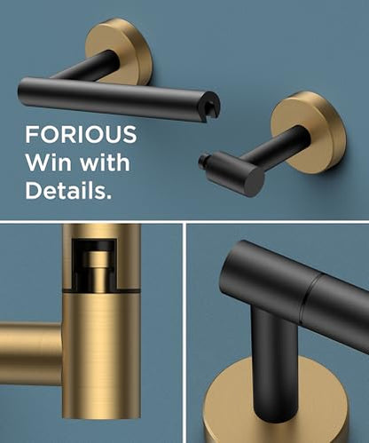 FORIOUS Commercial Toilet Paper Holder Wall Mount Bathroom Tissue Holder | Black & Gold | SUS304 Stainless Steel Rustproof | Double Post Pivoting Toilet Paper Roll Holder | Screw-In | Round Base - color: Matte Black & Brushed Gold