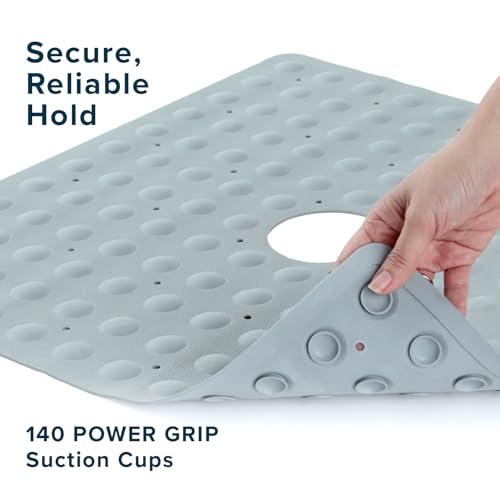 SlipX Solutions 21"x21" Mildew Resistant Non Slip Shower Stall Mat, Gray | Soft Durable Rubber Underfoot, Product Protection, 140 Power Grip Suction Cups, Center Drain Hole - color: Gray