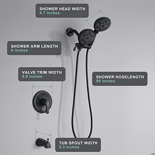 Black Shower Faucet Set with Tub Spout - Tub and Shower Faucet Combo| Dual 2 in 1 Shower System with Handheld Showerhead 3-way Water Diverter Shower Trim Kit(Pressure Balancing Valve Included)