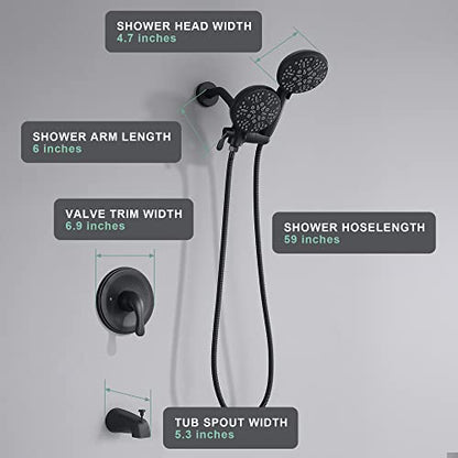 Black Shower Faucet Set with Tub Spout - Tub and Shower Faucet Combo| Dual 2 in 1 Shower System with Handheld Showerhead 3-way Water Diverter Shower Trim Kit(Pressure Balancing Valve Included)