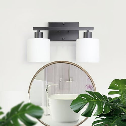 SILAMPDI 2-Light Bathroom Lighting Fixtures, Black Modern Vanity Lights Wall Lamp with Milky White Glass Shades for Mirror Kitchen Living Room Hallway Cabinet Porch, Bulbs Not Included - color: Black-2Light