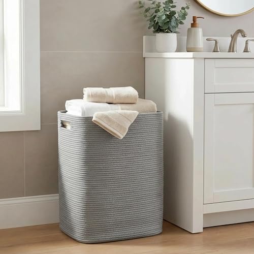 Large Laundry Hamper 16"x13"x22" - Tall Woven Laundry Basket, Cotton Rope Dirty Clothes Hamper, Baby Kids Nursery Wicker Laundry Basket, Bedroom Aesthetic, Soft Laundry Bin, Gray Hamper, 75L - color: Gray