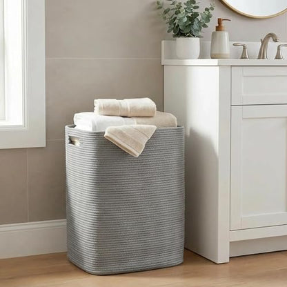 Large Laundry Hamper 16"x13"x22" - Tall Woven Laundry Basket, Cotton Rope Dirty Clothes Hamper, Baby Kids Nursery Wicker Laundry Basket, Bedroom Aesthetic, Soft Laundry Bin, Gray Hamper, 75L - color: Gray