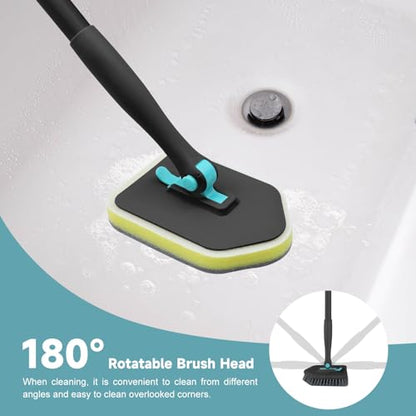 nacena Shower Scrubber with Long Handle, 4 in 1 Tile Tub Scrubber Brush with 3 Detachable Cleaning Heads and V-Shaped Grout Brush Shower Cleaner Brush for Bathroom Kitchen Toilet Tub Sink Wall, Black - color: Black, size: 2 pads+brush