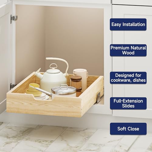 Pull Out Cabinet Organizer, 16.5 in W x 21 in D Solid Wood Slide Out Drawer, Soft Close Sliding Shelf, Bottom or Side Mount for Kitchen Pantry Bathroom, Fits 17.5 in Cabinet Opening - size: 16½” W × 4"H x 21” D