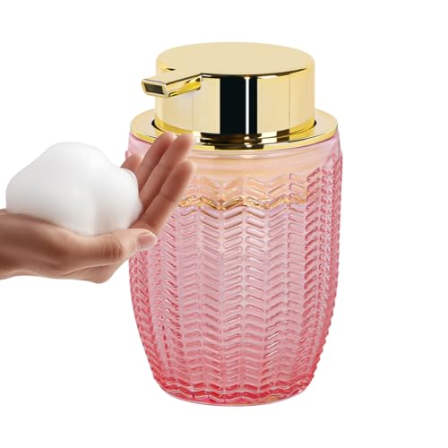 Foam Soap Dispenser, Pink Glass Foaming Soap Dispenser, 10 Oz Refillable Hand Soap Dispenser Liquid Lotion Pump Container Ribbed Bottle for Bathroom Countertop Decor - color: Pink and Gold