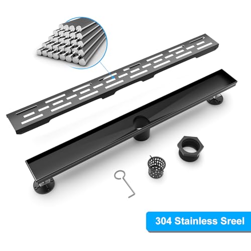 24 Inch Black Linear Shower Drain, Rectangular Shower Floor Drains with Brickwork Cover, 304 Stainless Steel Linear Drain with Leveling Feet, Hair Strainer (Matte Black)