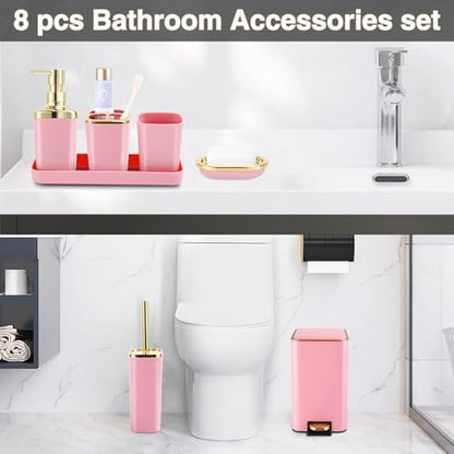 XLHOMO Pink Bathroom Accessories Set 8 Piece Pink and Gold Bathroom Set, Bathroom Sets with Stainless Steel Trash Can,Toilet Brush,Toothbrush Set,Soap Dispenser - size: Pink, style: Bath Set