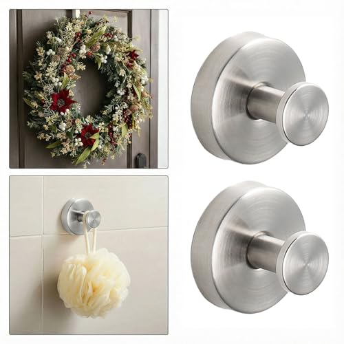 Suction Cup Wreath Hangers for Front Door Glass, Heavy Duty Vacuum Holder with Extended Hook, Washable Reusable Towel Hooks for Bathroom Shower, Silver 2 Pack Stainless Steel - color: Silver