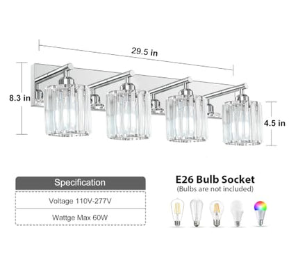 Brushed Chrome Crystal Bathroom Vanity Light, 4-Light Modern Bathroom Lighting Fixtures Over Mirror,Chrome Wall Sconce Light Fixtures with Round Shade - color: Chrome-Round Shade, size: 4-LIGHT