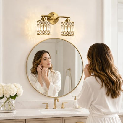Lxybcce 2-Light Bathroom Vanity Light, 14 in Modern Crystal Bathroom Lighting Fixtures Over Mirror, E26 Hardwired Bathroom Wall Sconce, Brushed Antique Brass - color: Gold, size: 14in
