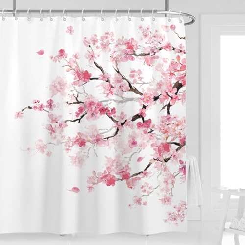 Long Pink Floral Shower Curtain, Japanese, 12 Hooks, 72" W x 84" L | Sakura Watercolor Pattern, Elegant Cherry Blossom Art, Cute Girly Aesthetic, Extra Large XL Bathroom Decor - color: Pink White, size: 72"W x 84"L (Pack of 1)